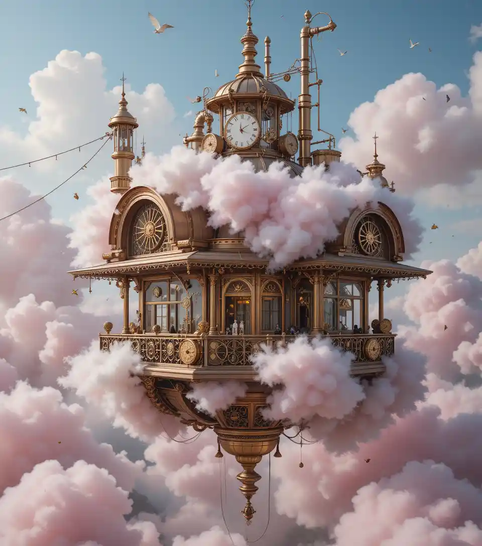 Floating steampunk cafe among cotton candy clouds and gears