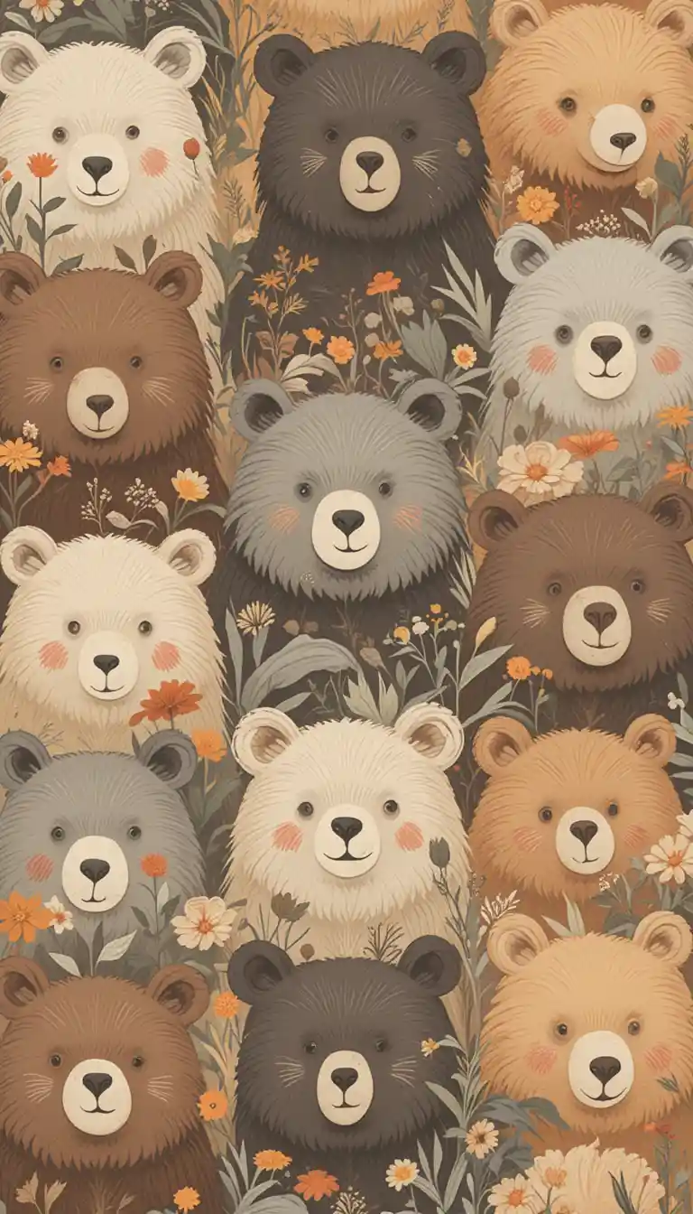 Vintage bears pattern with flowers for cozy nursery decor