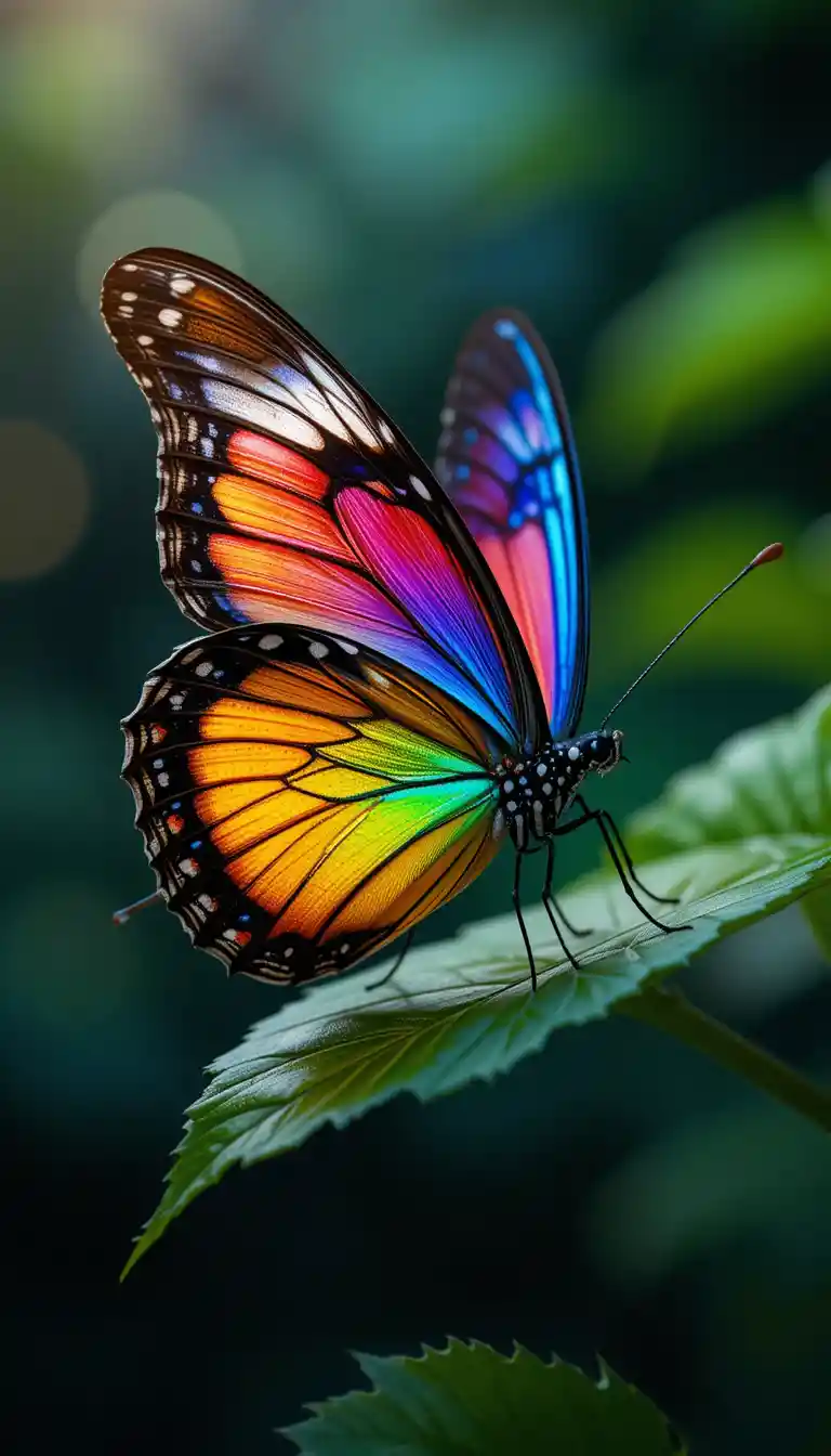 Rainbow butterfly resting on a green leaf in close up