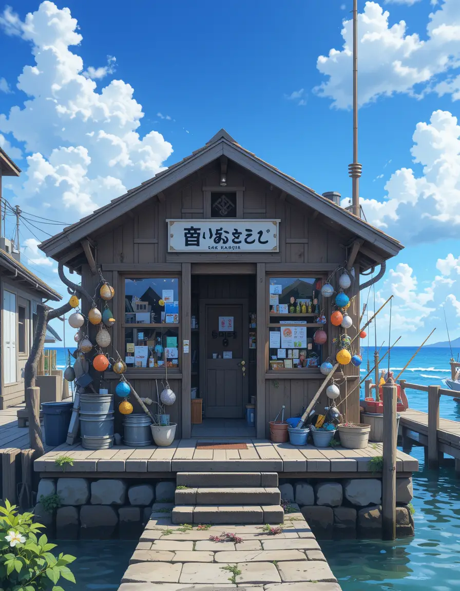 Cozy anime fishing shop on a sunny seaside dock