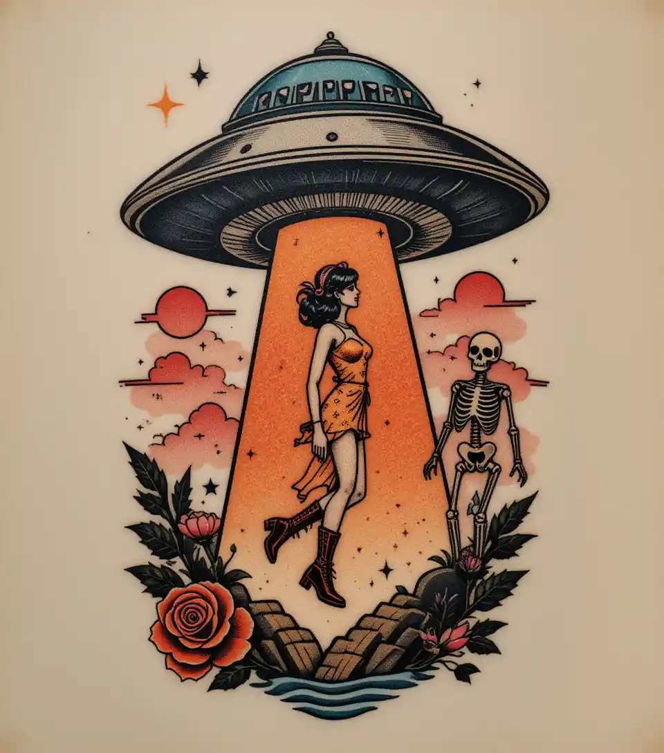 Tatuagem vintage de OVNI abduzindo mulher e esqueleto