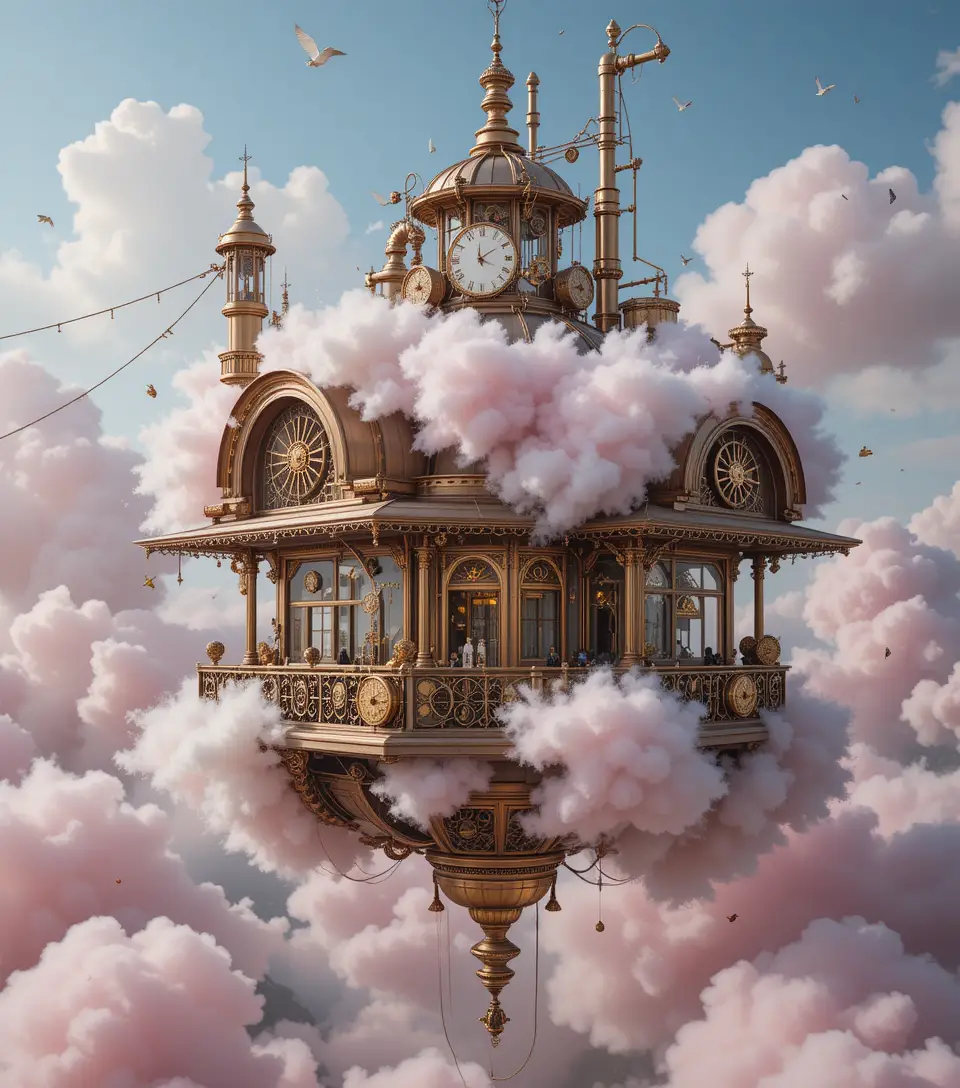 Floating steampunk cafe among cotton candy clouds and gears
