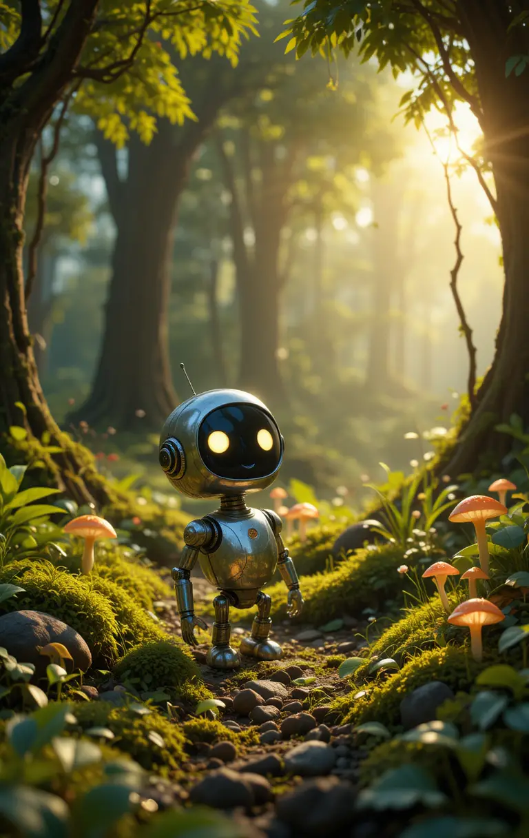 Friendly little robot exploring a magical green forest