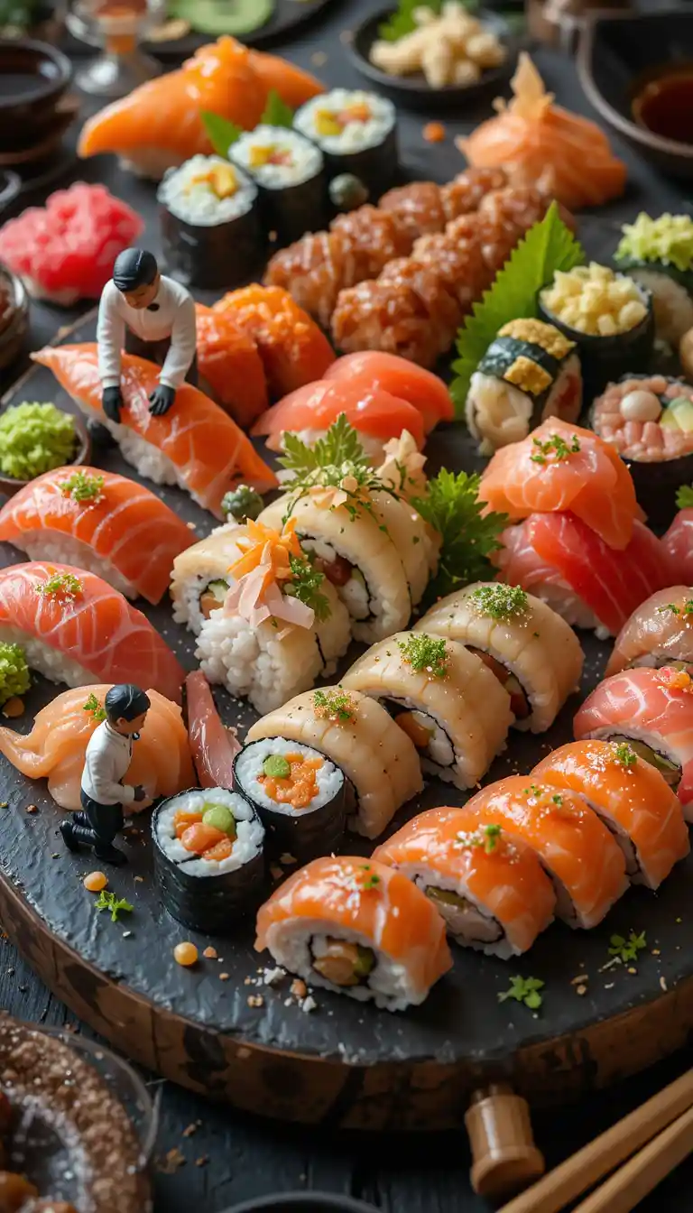 Hyperrealistic sushi platter with tiny chefs in action