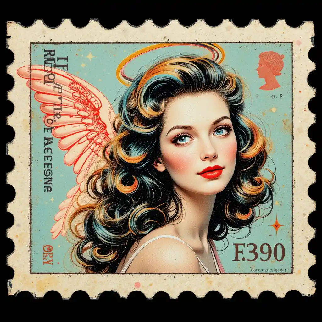 Surreal vintage angel woman with colorful curly hair