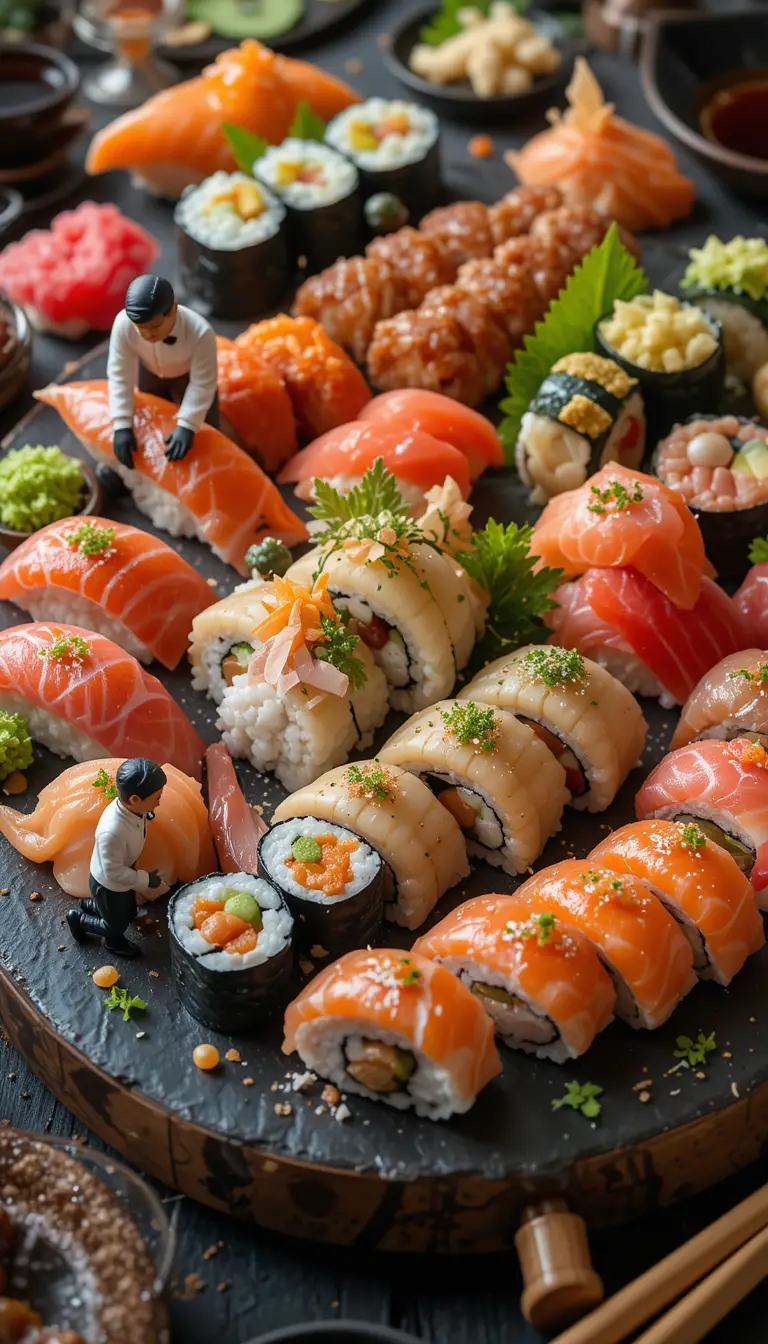 Hyperrealistic sushi platter with tiny chefs in action