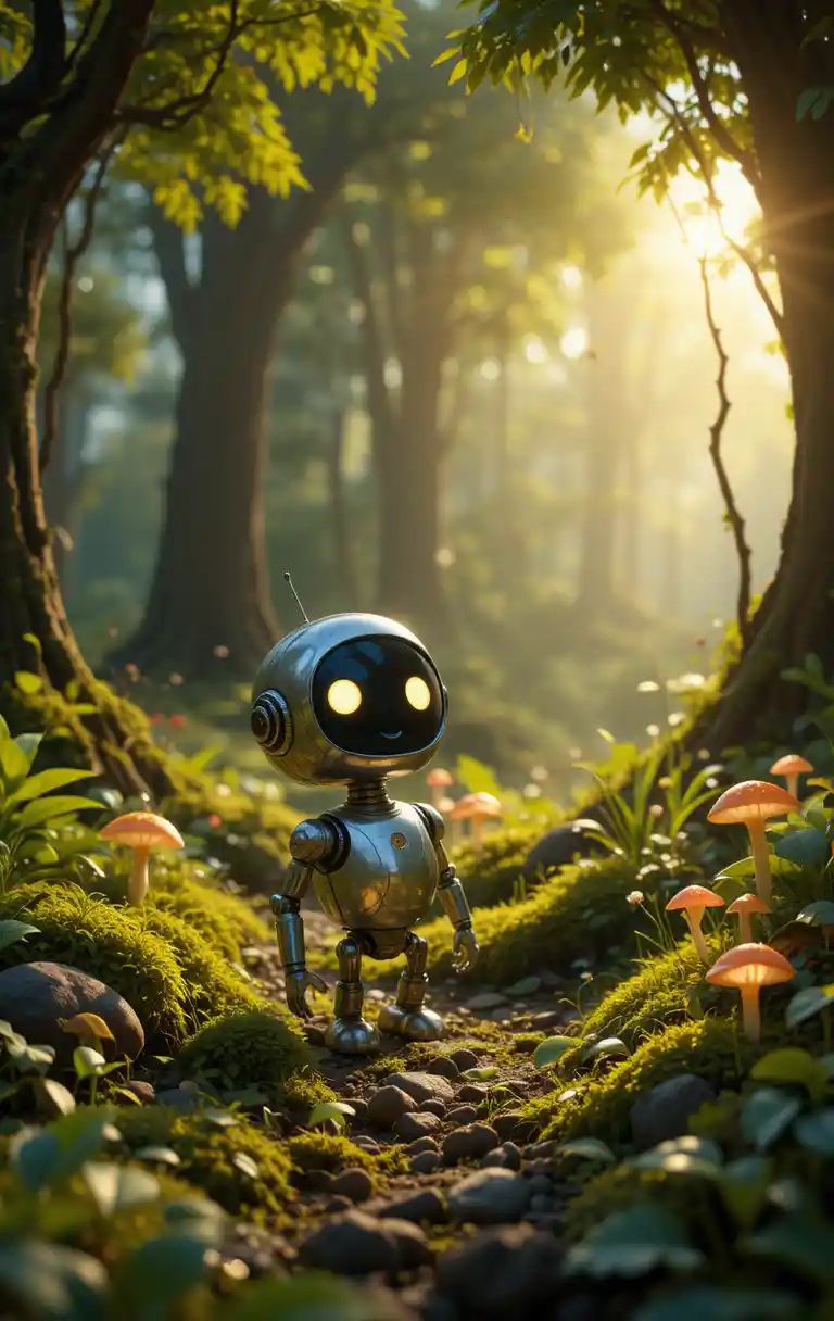Friendly little robot exploring a magical green forest