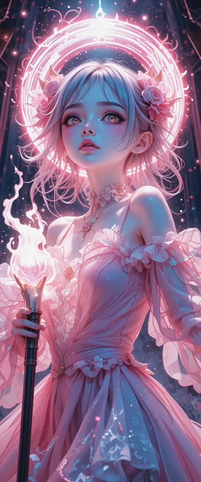Glowing creepy cute anime girl in mystical ink illustration