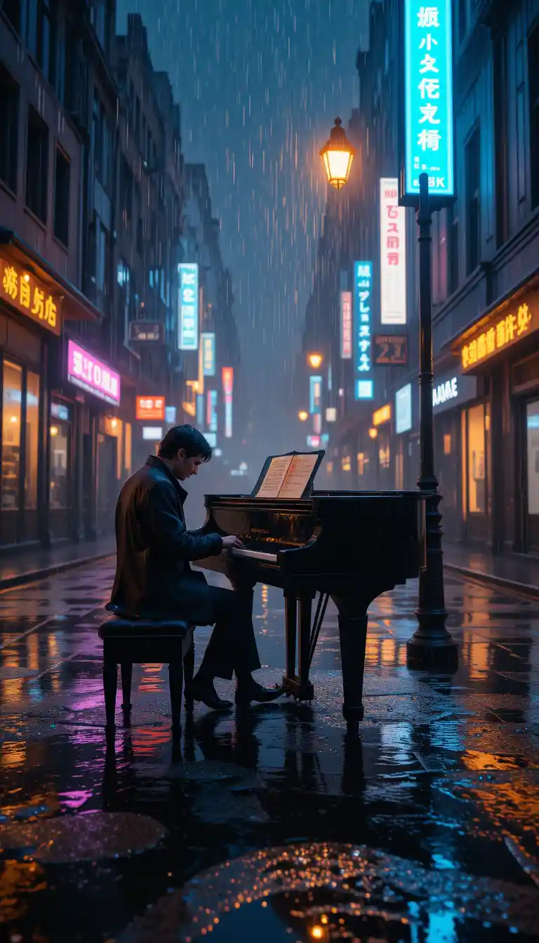 Lone pianist playing in the rain on a city street