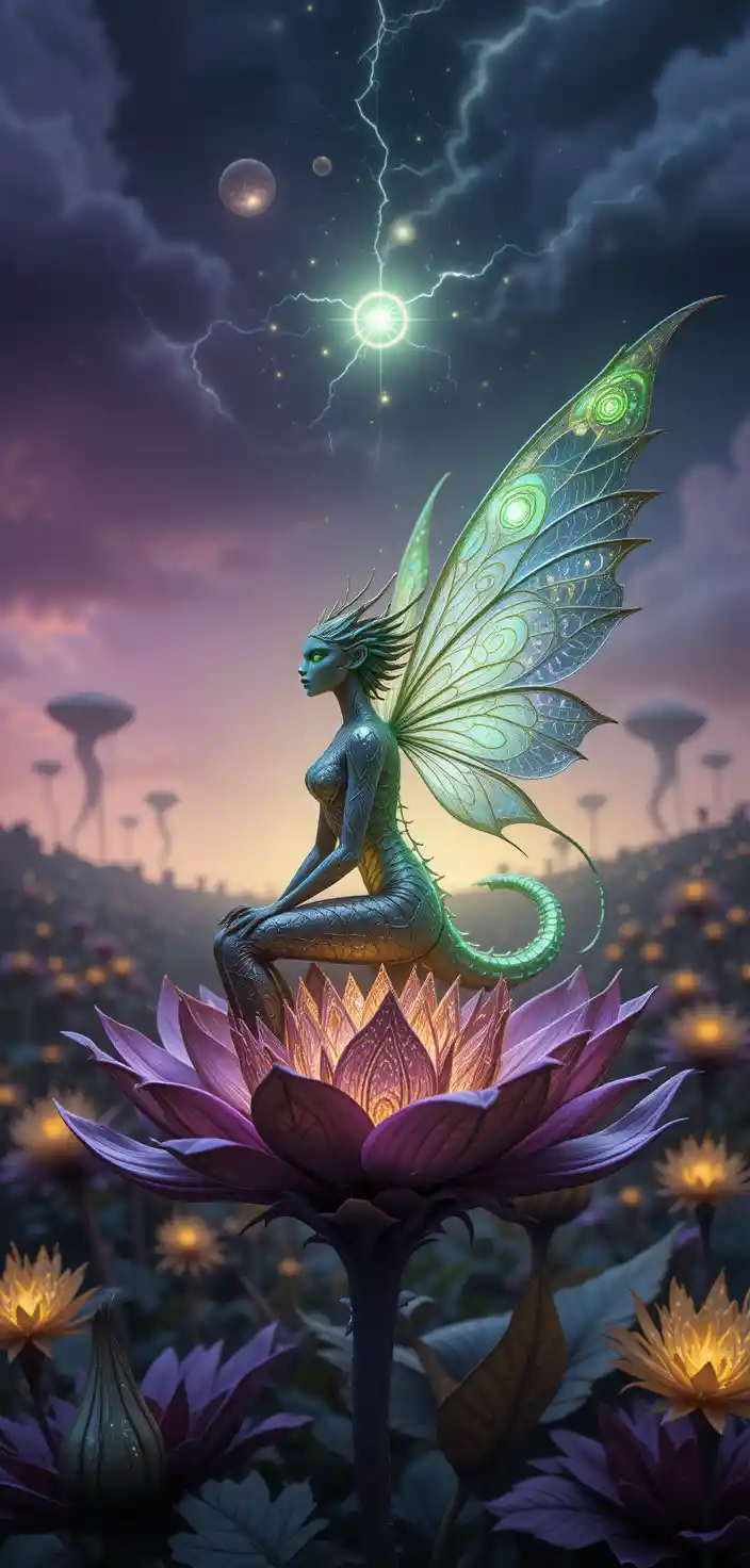 Earth dragon fairy resting on a glowing celestial flower