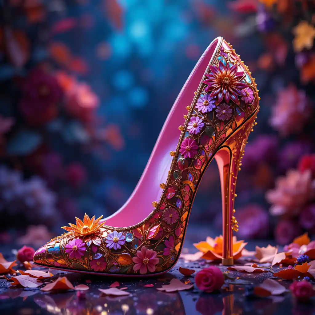 High heel shoe with gold accents and floral details