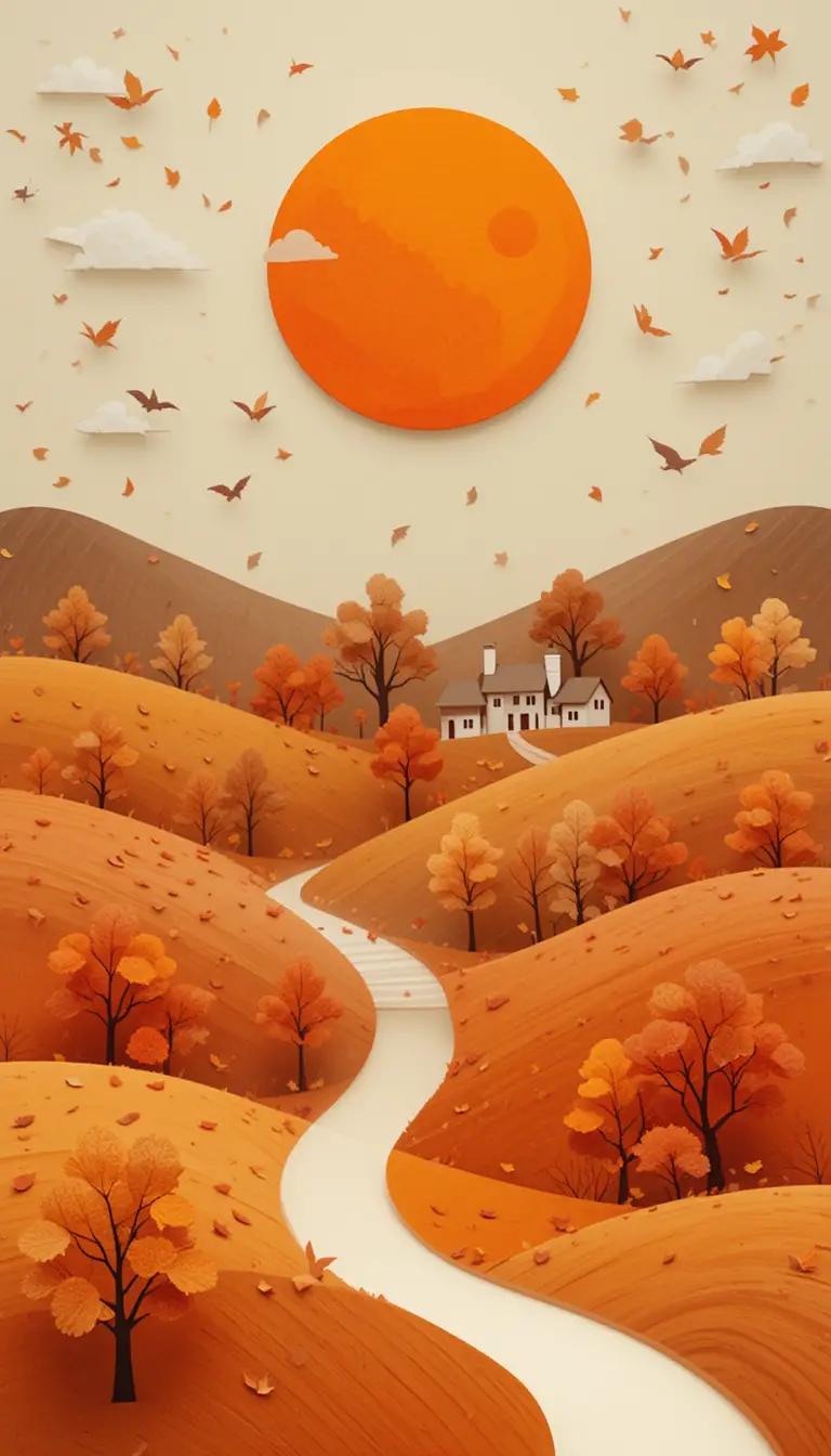 Whimsical paper autumn landscape with rolling orange hills