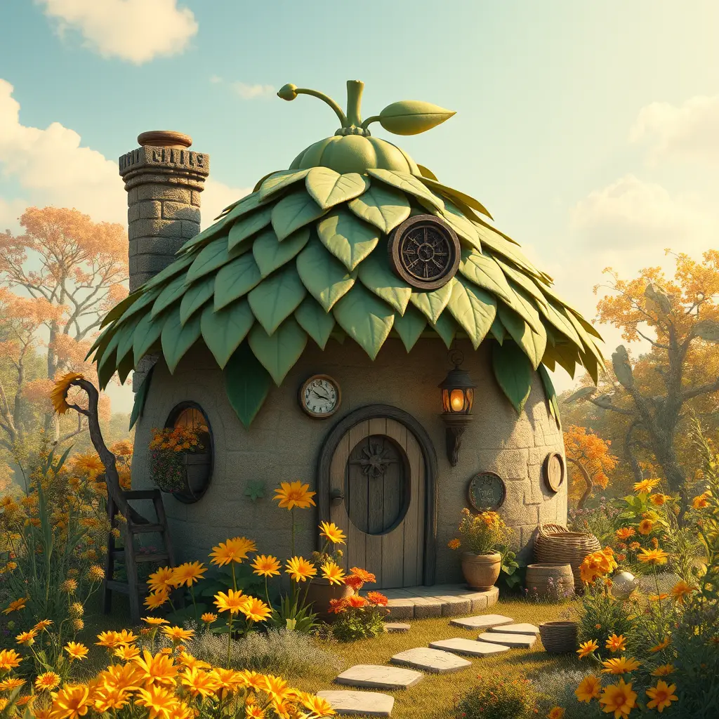 Kawaii fantasy cottage with fruit roof in flower garden