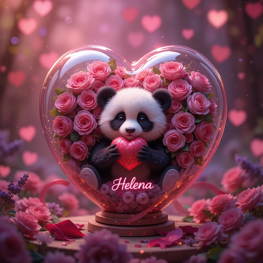 Heart balloon with roses and panda plush in bokeh glow