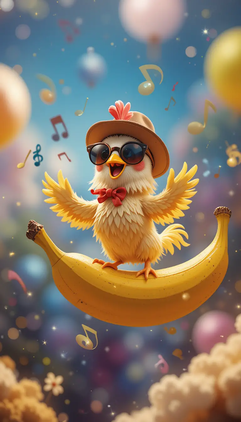 Cartoon chicken riding a giant banana in the sky