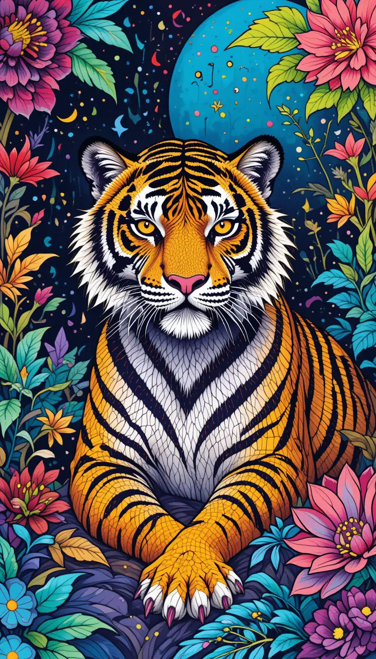 Colorful zentangle tiger with zigzag stripes in abstract style