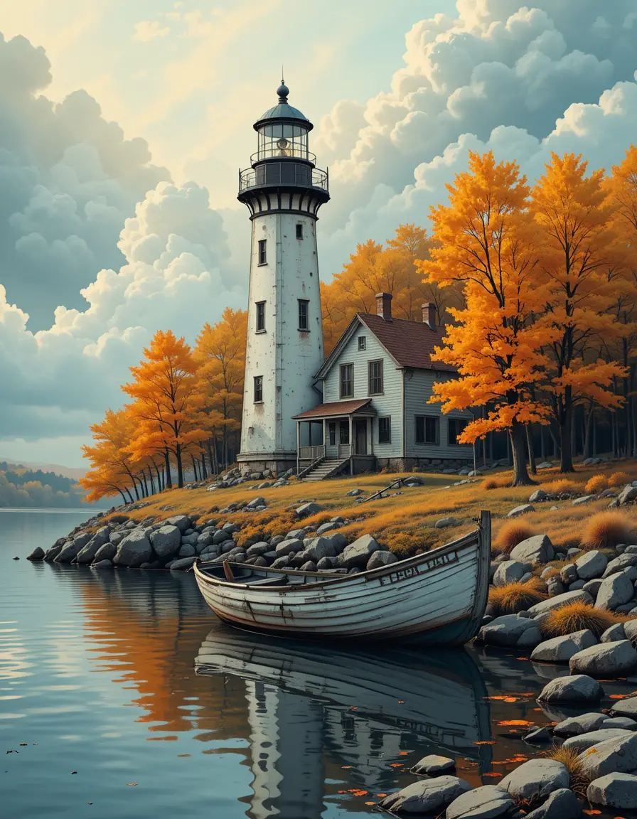 Old lighthouse by autumn lake with reflection