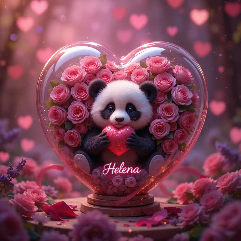Heart balloon with roses and panda plush in bokeh glow