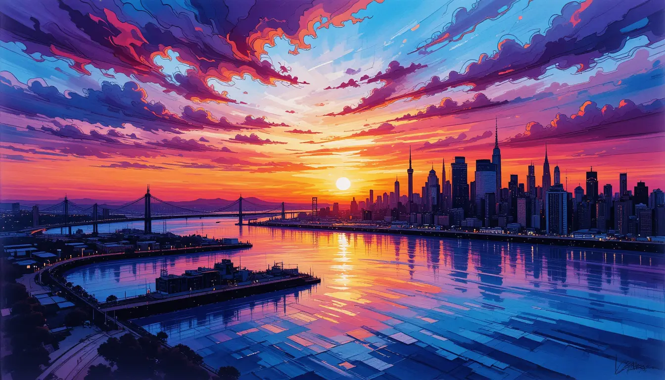 Majestic Sunset Cityscape Over New York Harbor Illustration