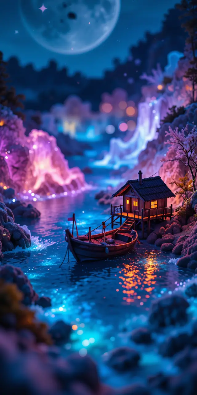 Miniature Bioluminescent Coast With Boat And Raft House