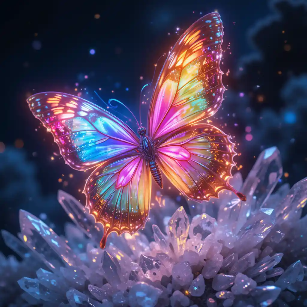 Neon butterfly with crystals in the midnight sky