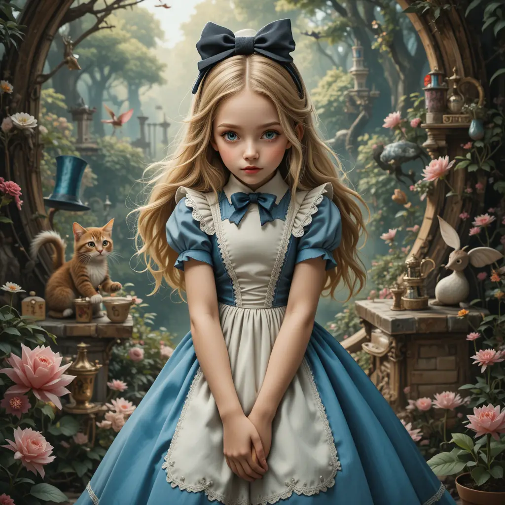 Curious young girl exploring the surreal world of Wonderland