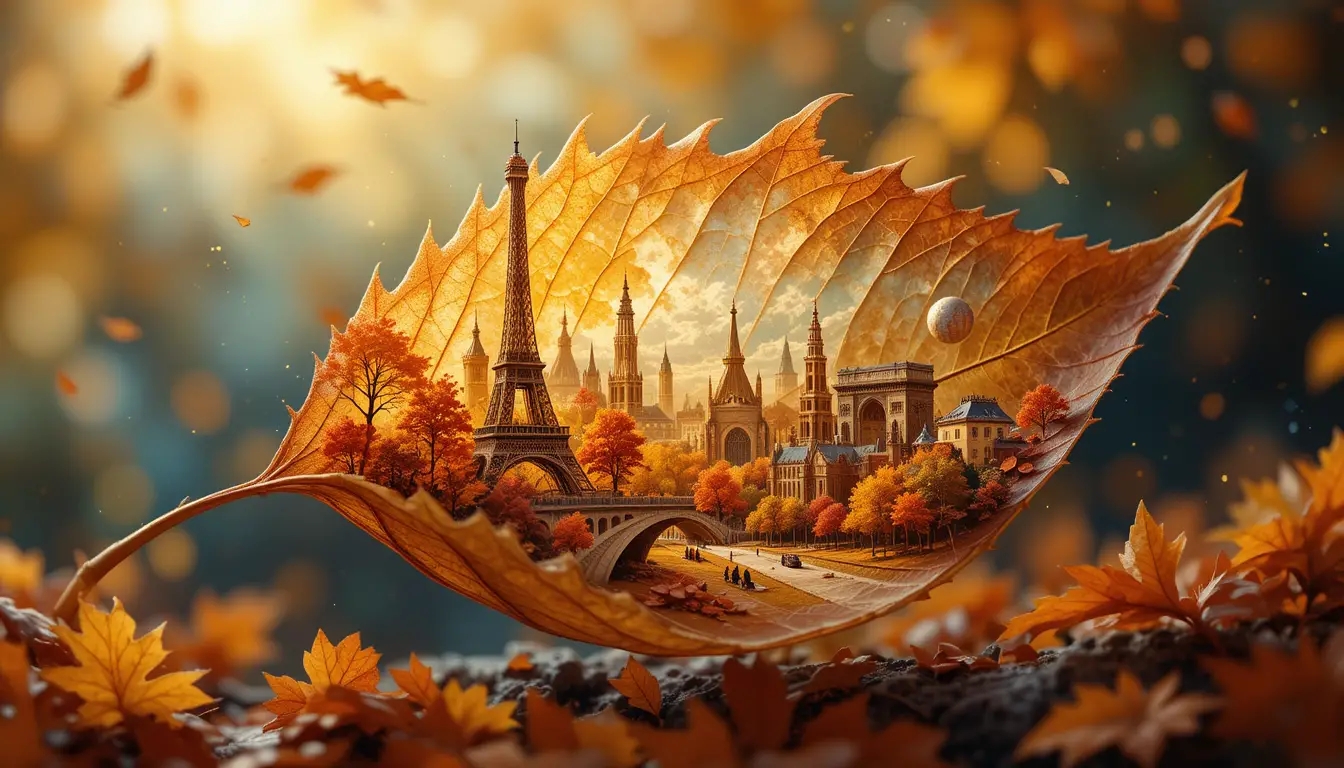 Autumn Leaf Close Up With Dreamlike Paris Cityscape
