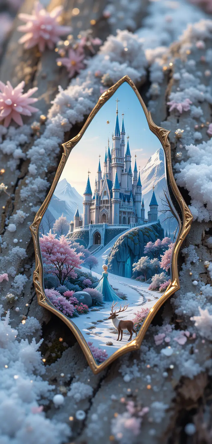 Mirror shards reveal a fantasy castle with playful reindeer