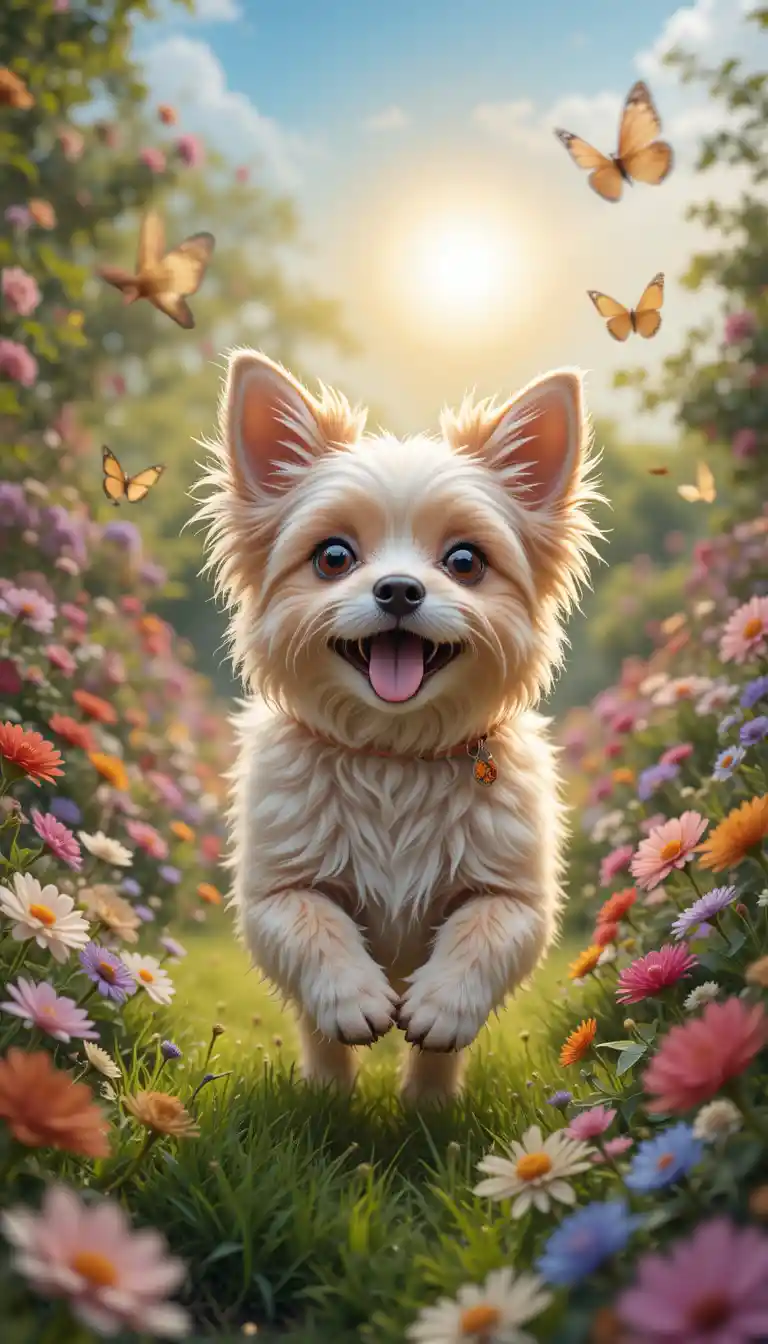 Cucciolo giocherellone che corre felice in un colorato giardino fiorito