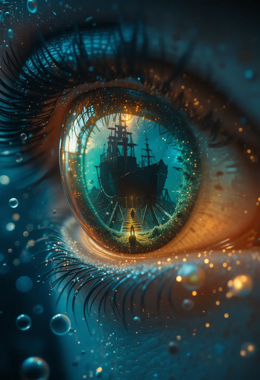 Close up of a mermaid eye with shipwreck reflection