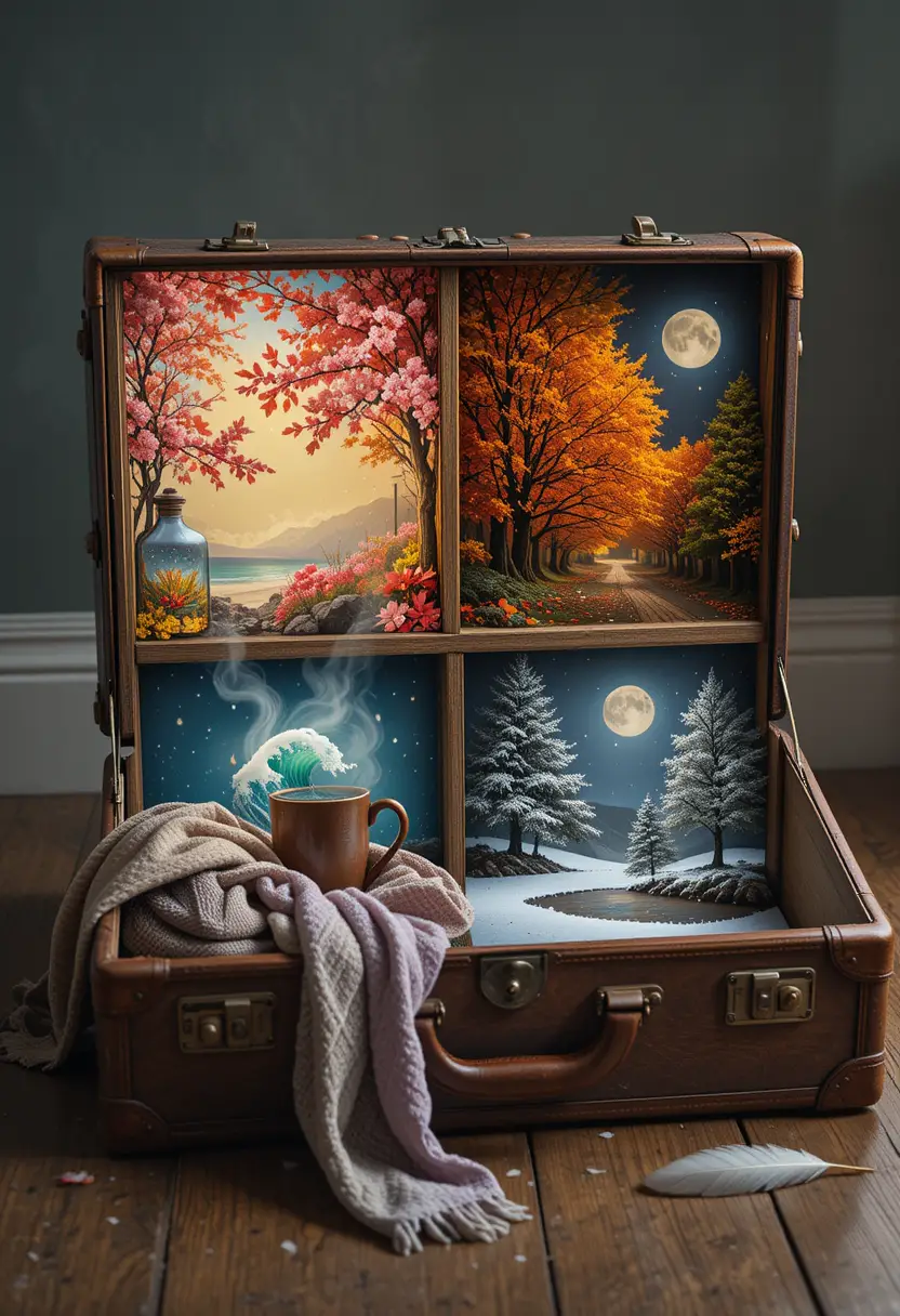 Old Leather Suitcase On Wooden Floor Holding Four Seasons