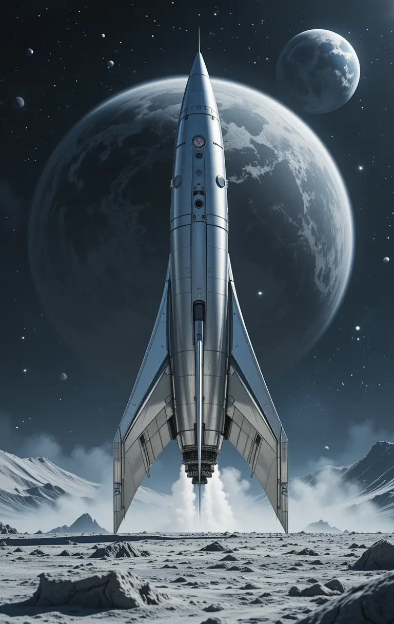 Razzo argentato ed elegante sulla Luna con la Terra in lontananza