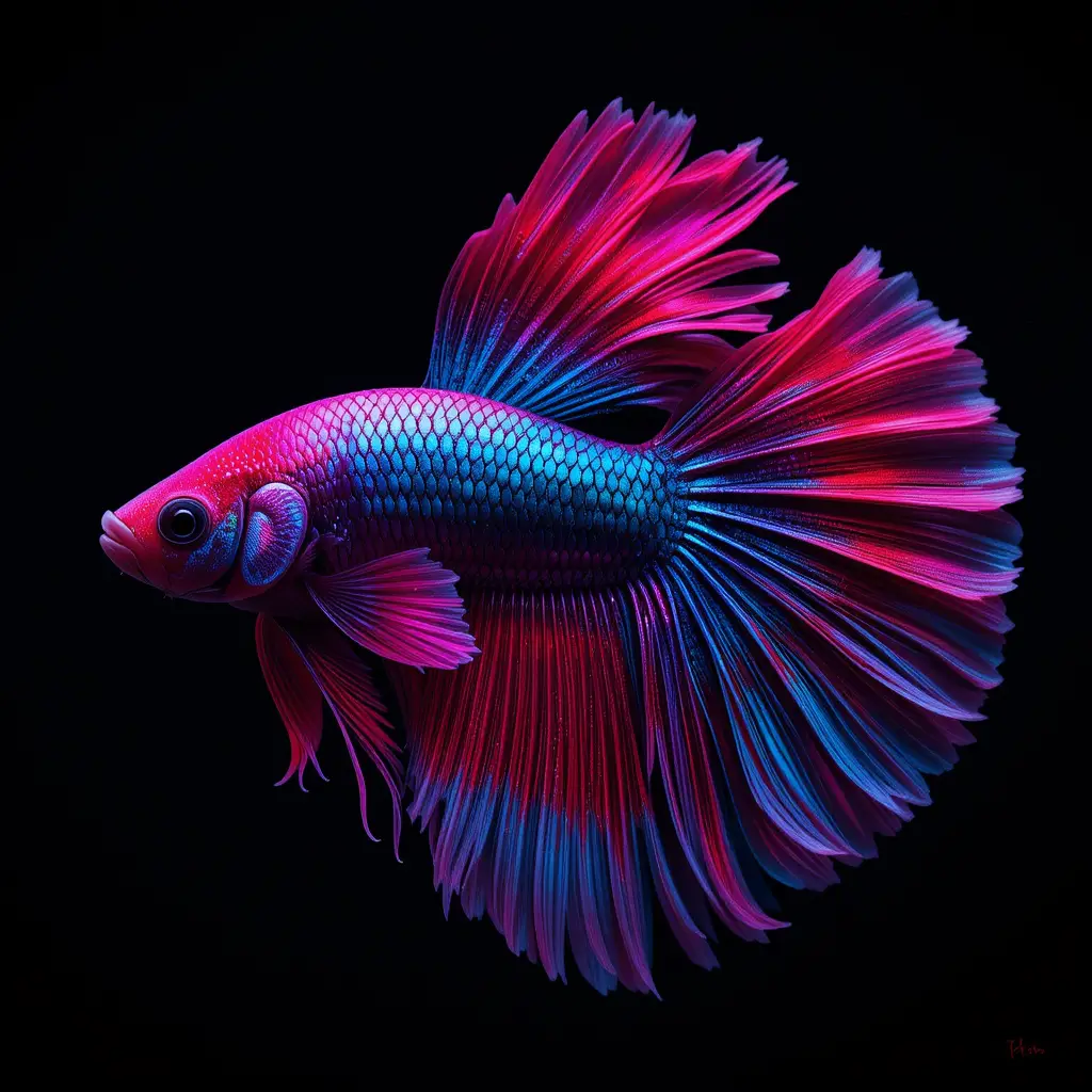 Elegant betta fish with flowing fins on black background
