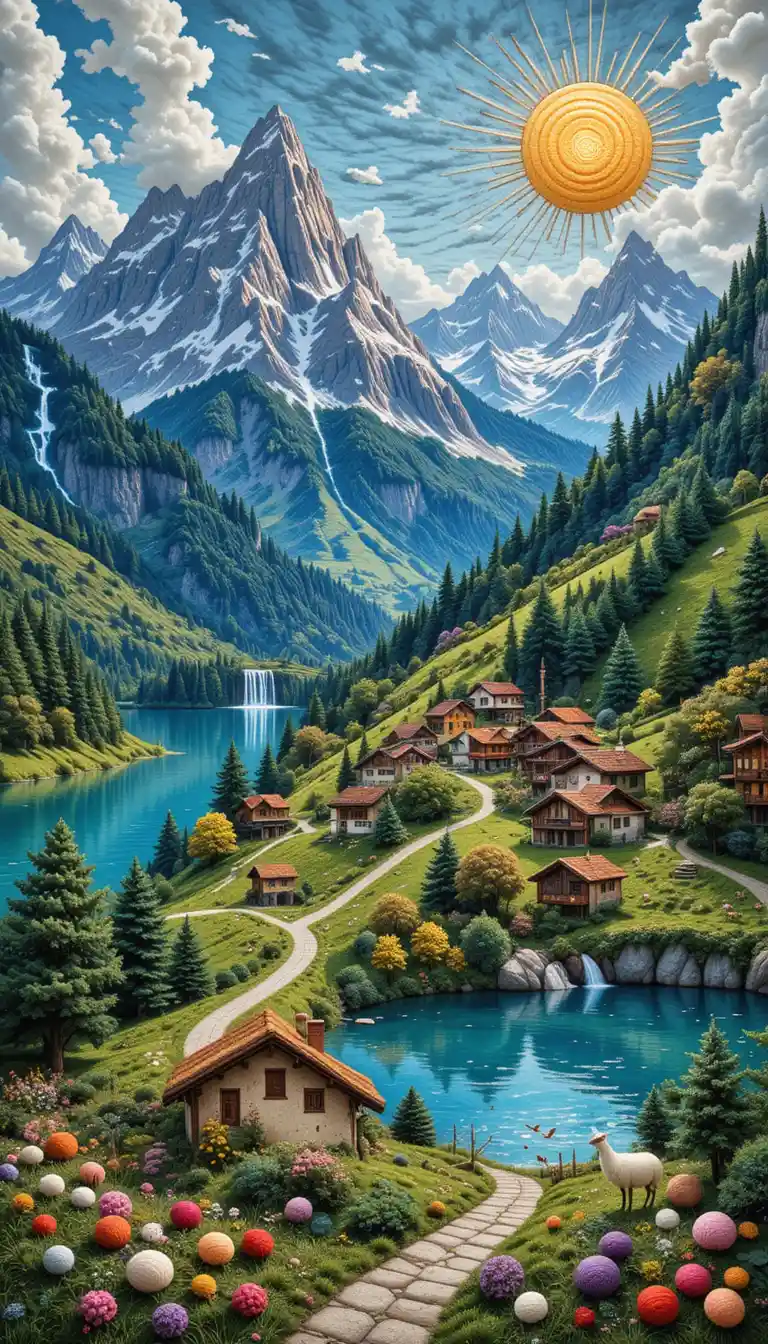 Paesaggio di villaggio svizzero ricamato a lana colorata