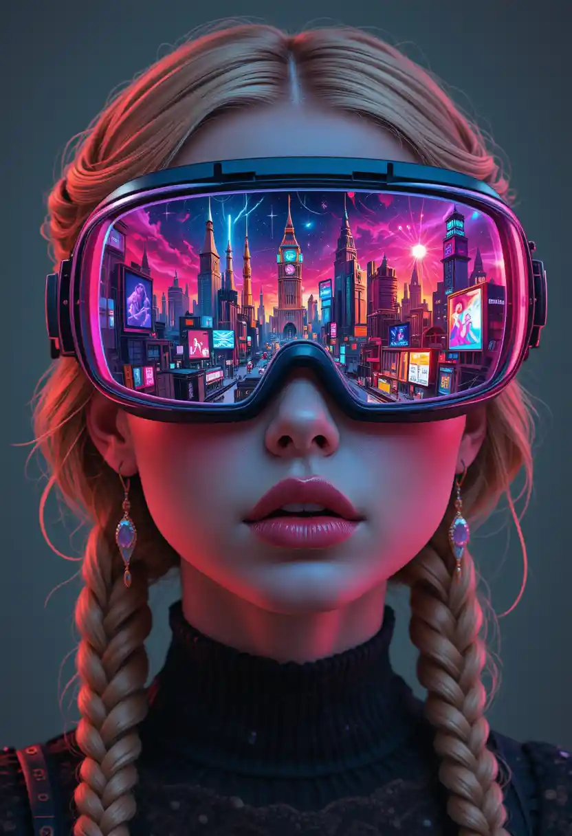 Blonde princess with neon vr glasses in cyberpunk vision