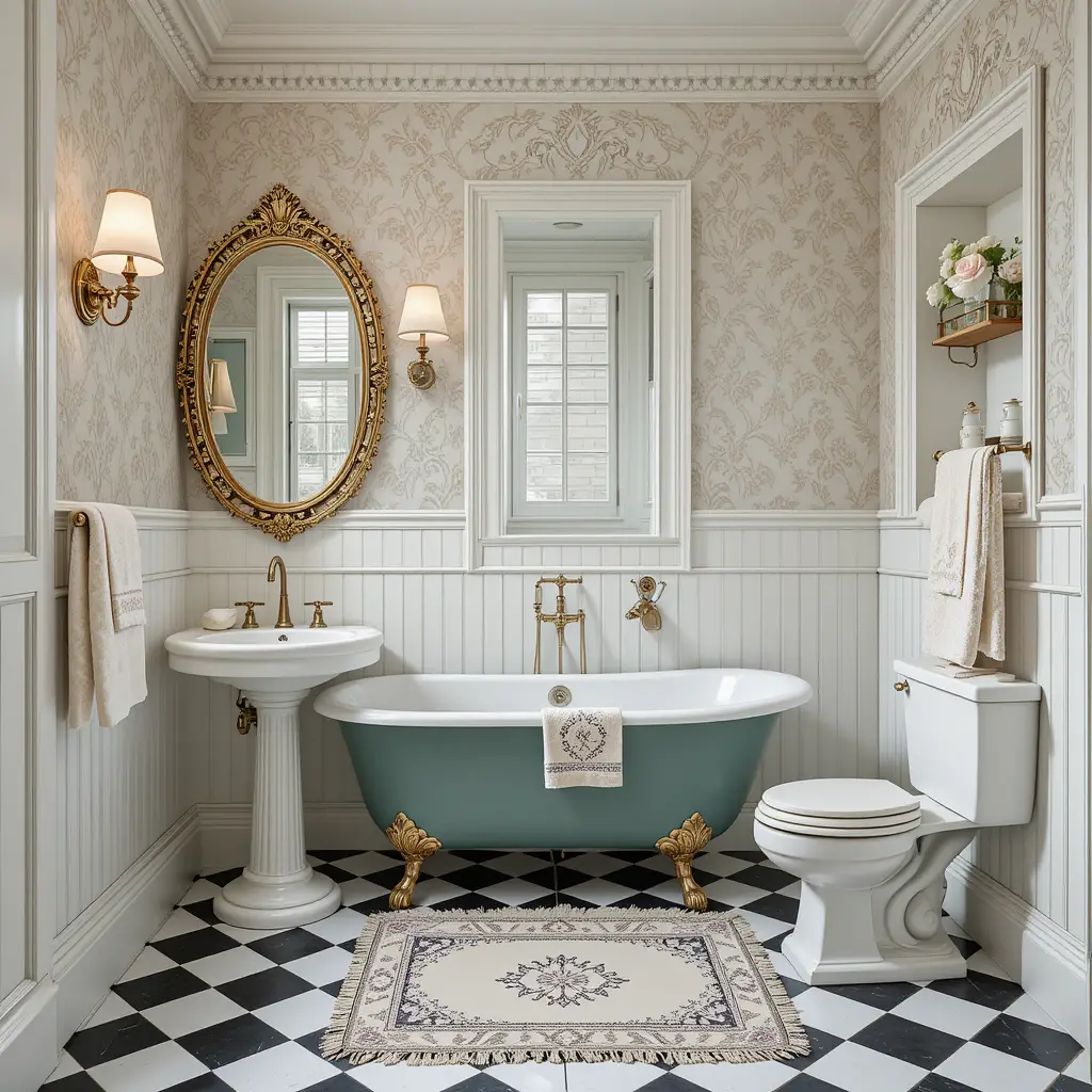 Victorian bathroom with clawfoot tub and ornate details