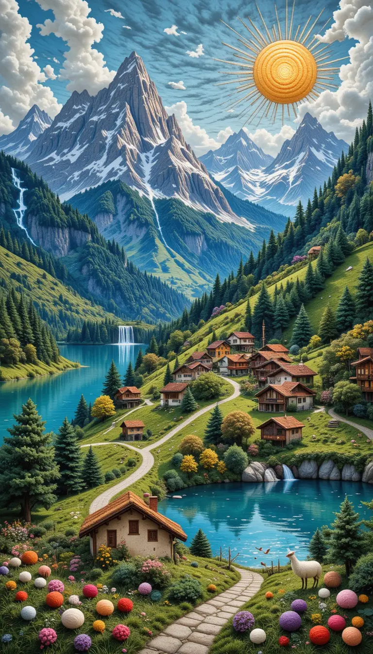 Colorful wool embroidered Swiss village landscape scene
