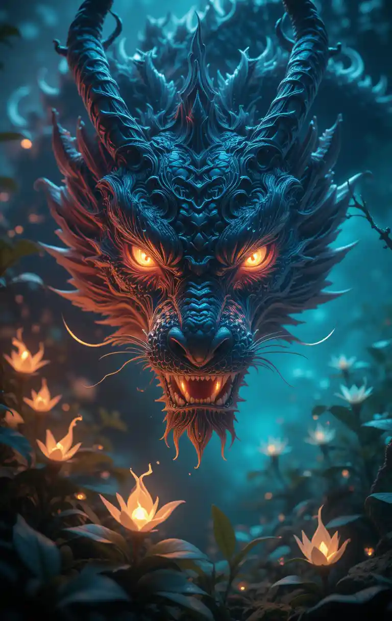 Ancient dragon face lit by glowing forest plants
