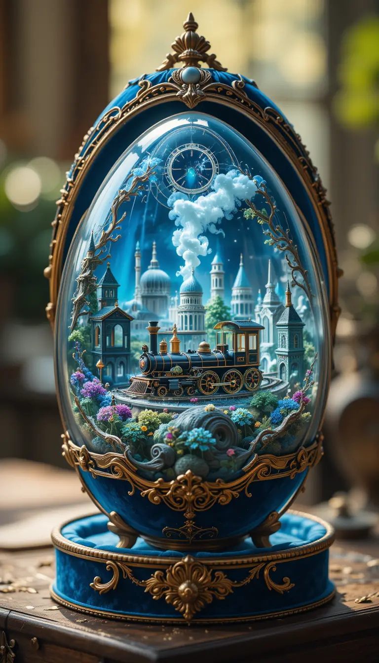 Macro view of jeweled egg with tiny train inside