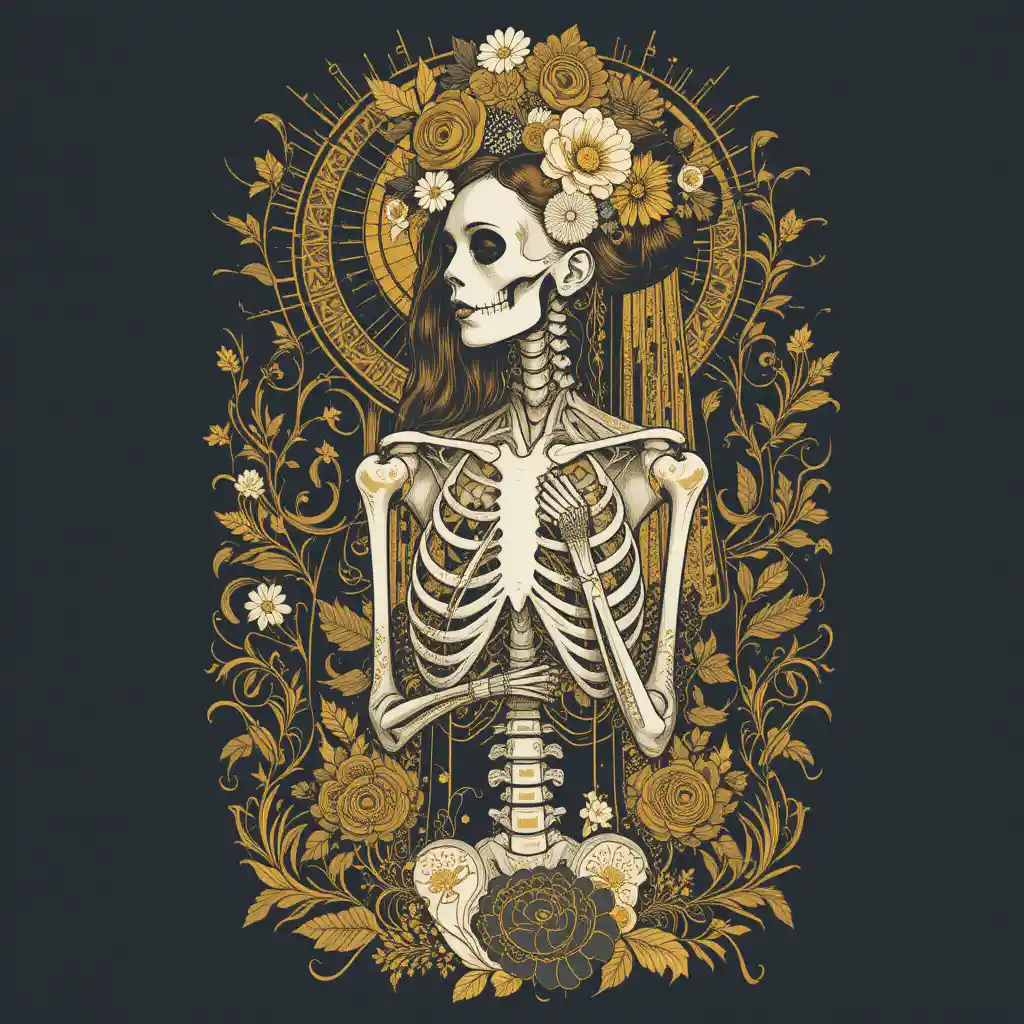 Floral crowned skeleton with golden ornamental body design