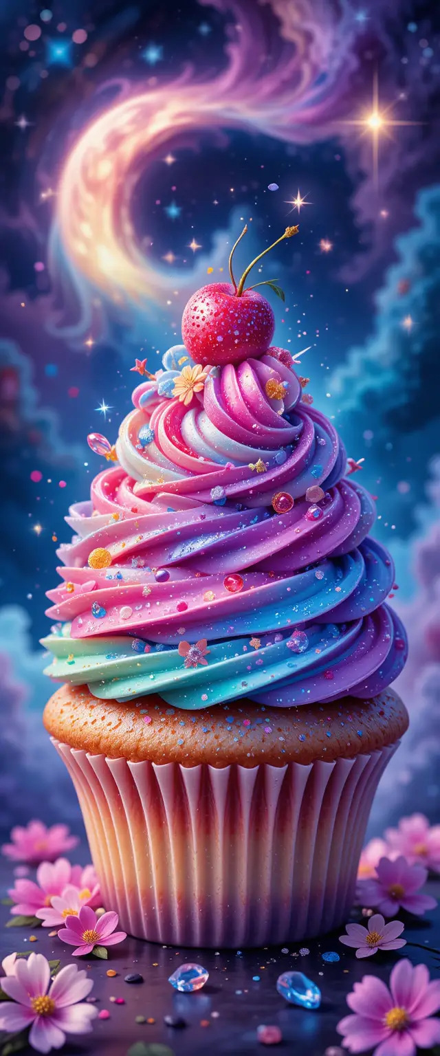 Cosmic Cupcake With Rainbow Frosting In Starry Night Scene