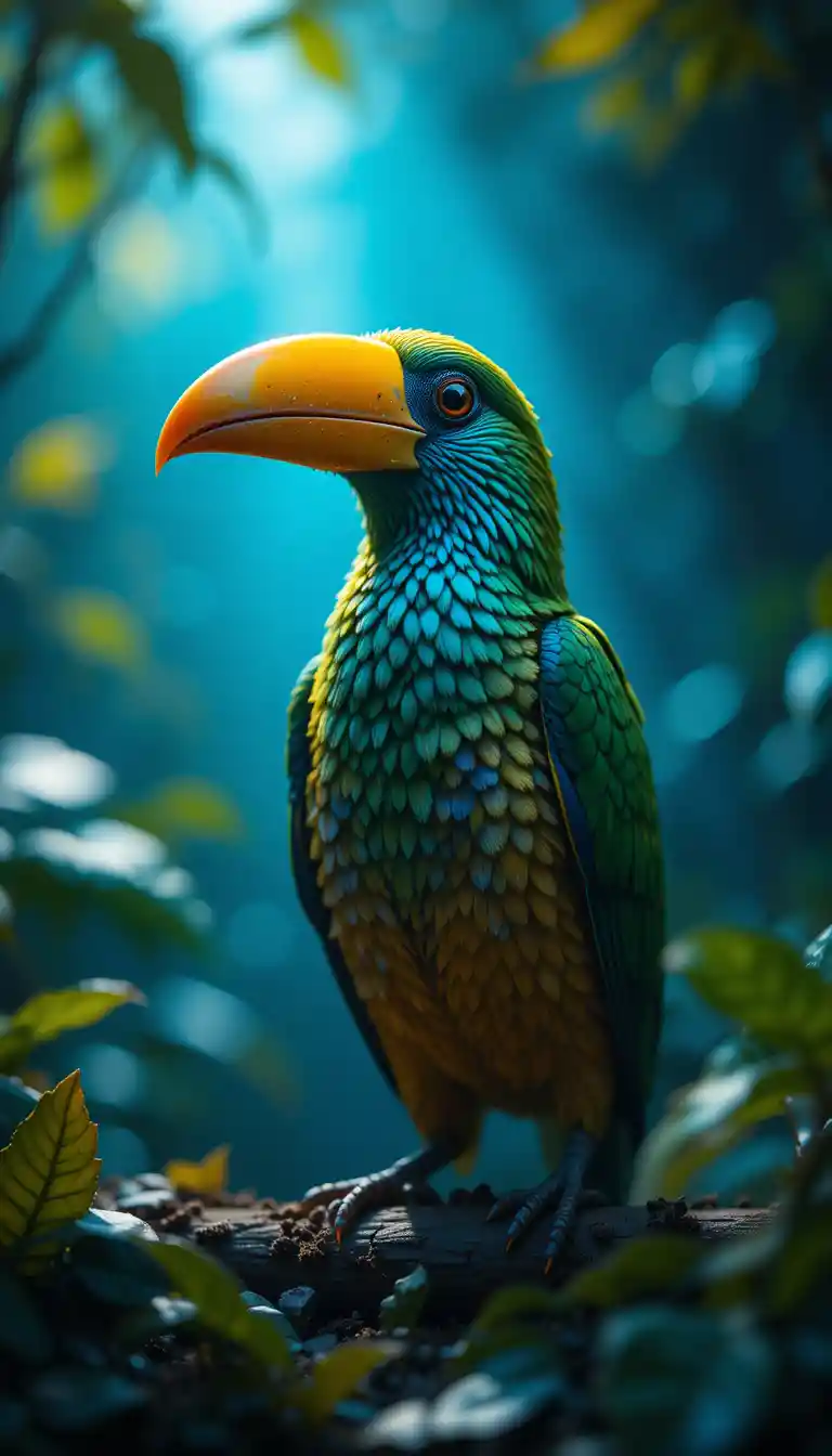 Hyperrealistic amazon bird portrait with cinematic bokeh lighting