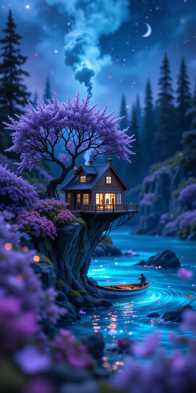 Bioluminescent Cliffside Raft House Under Starry Night Sky