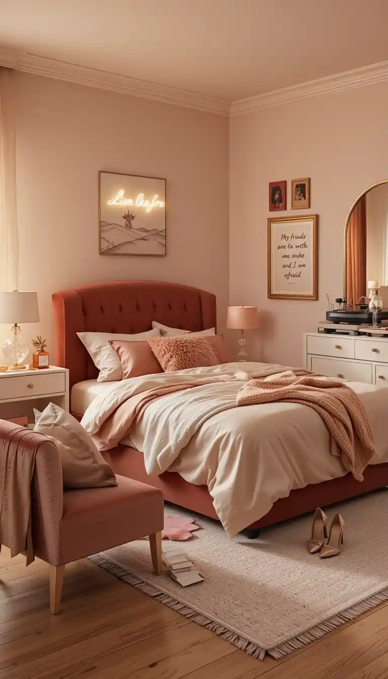 Romantic sunset lit bedroom with velvet bed and decor