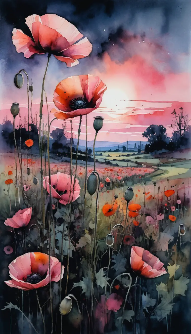 Black poppy field in pink evening watercolor painting