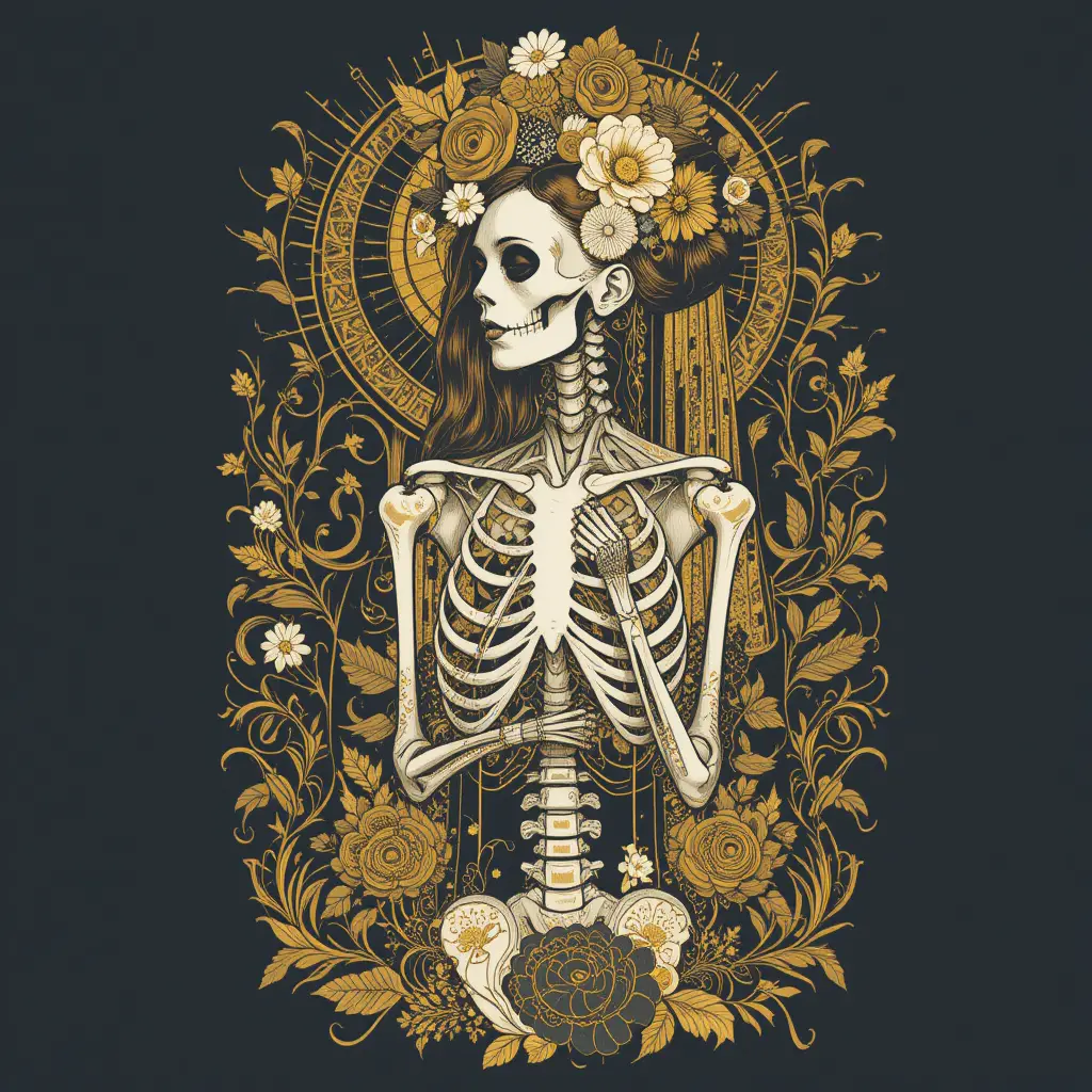 Floral crowned skeleton with golden ornamental body design
