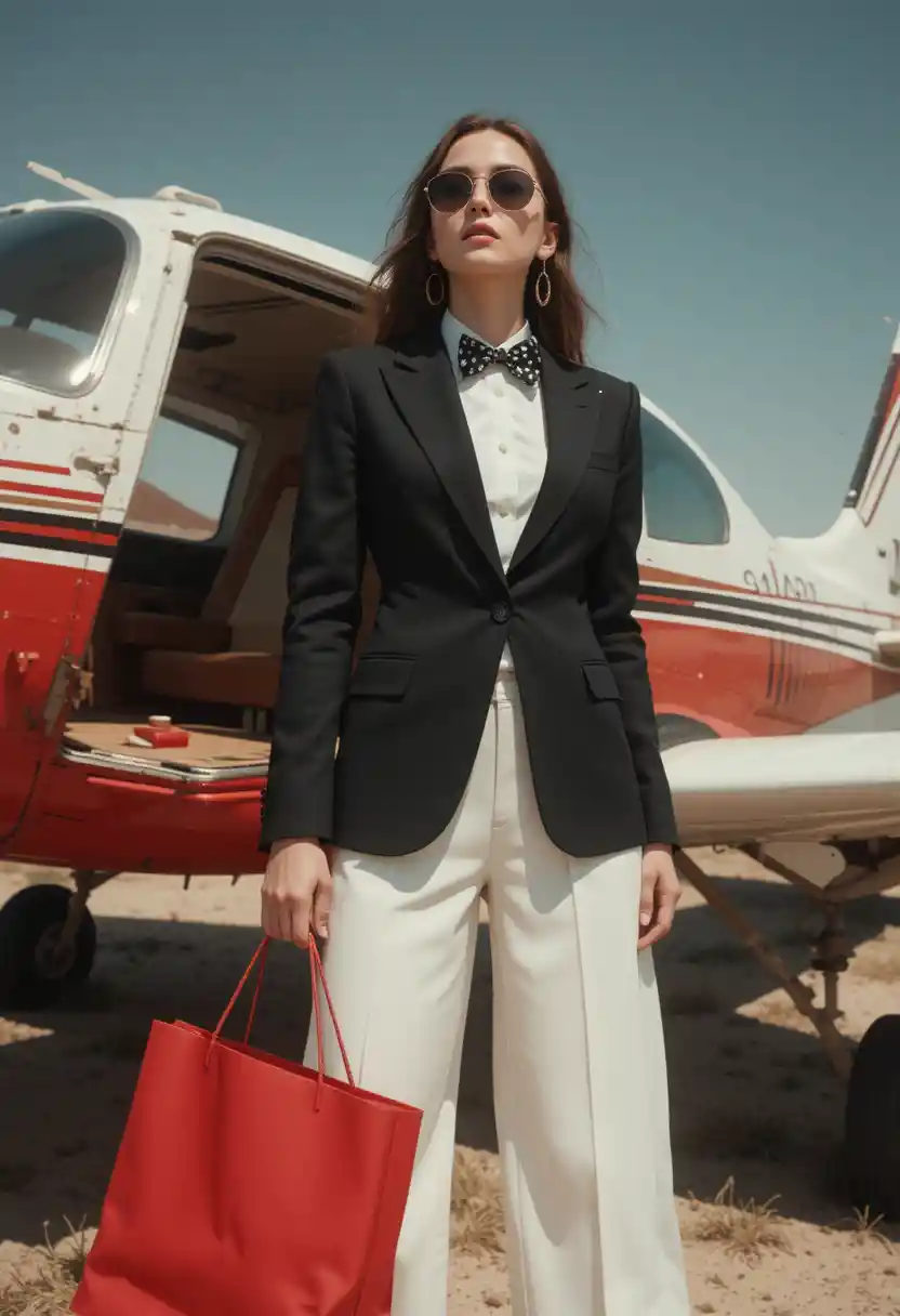 Femme fashion en blazer posant près d’un petit avion