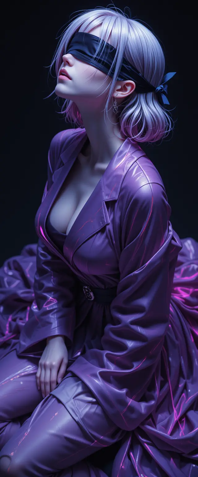 Top view anime woman in neon robe looking upward