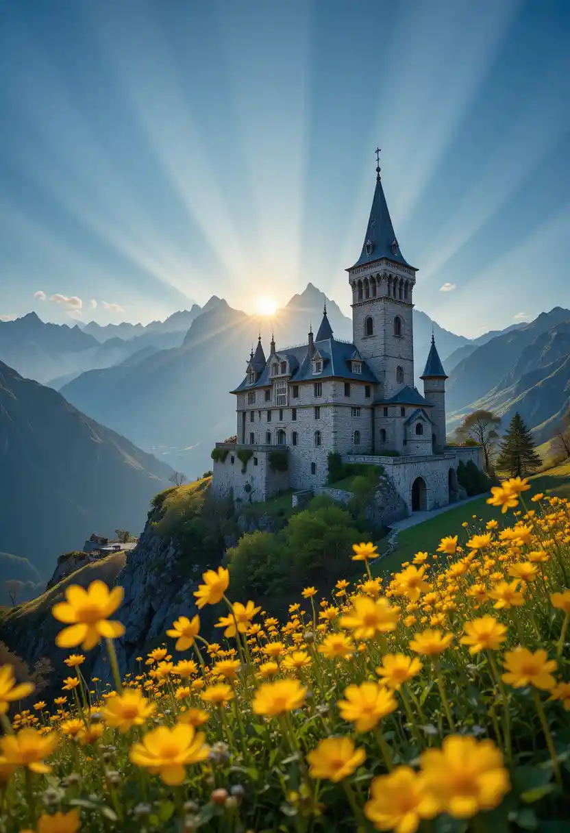 Medieval mountain castle at dawn with spring flowers