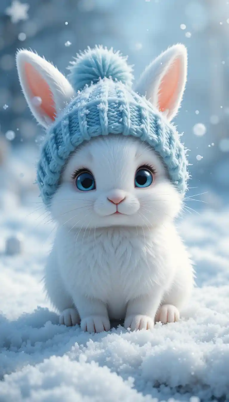 Cute white fairy rabbit wearing a cyan wool hat